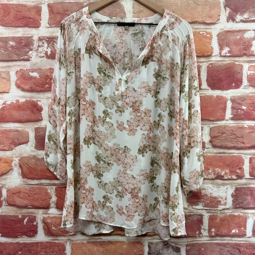 Rose & Olive Top Women's 2X White Multicolor Garden Floral Casual Career Shirt